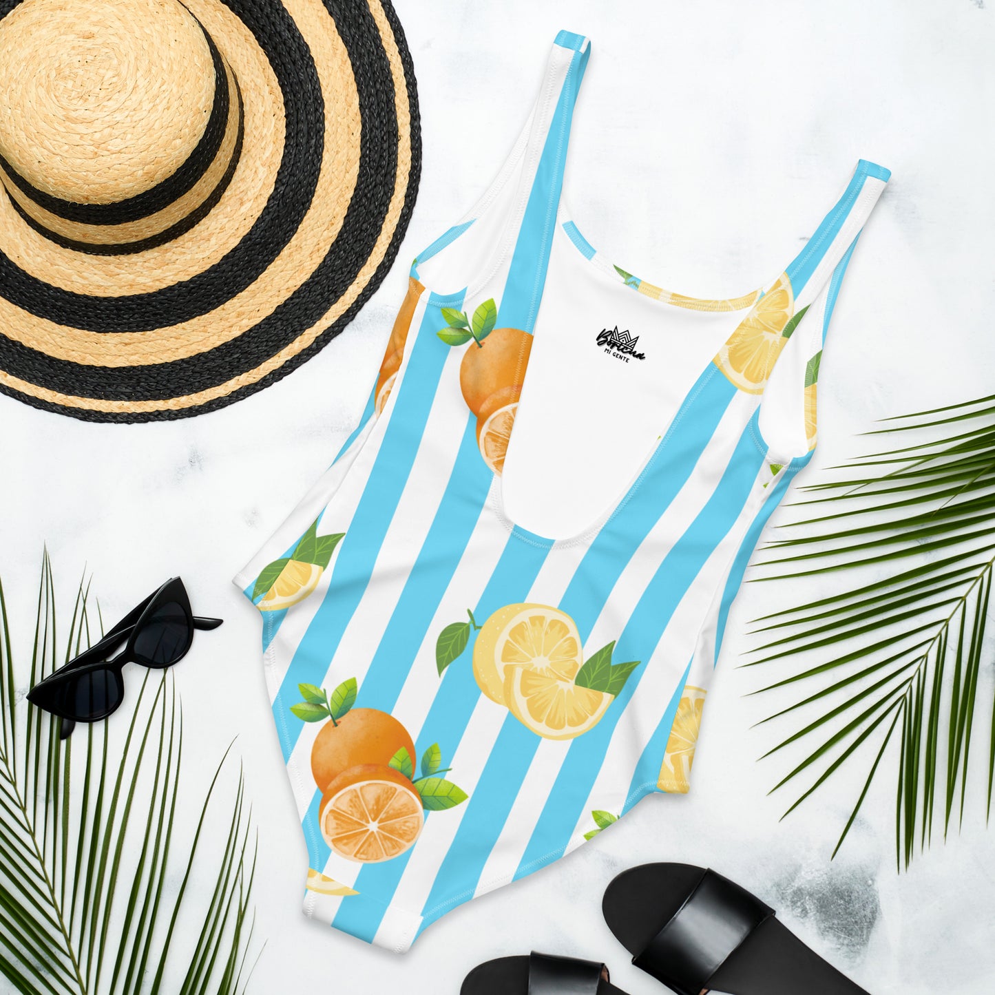 One-Piece Swimsuit- Blue Stripes with Fruits