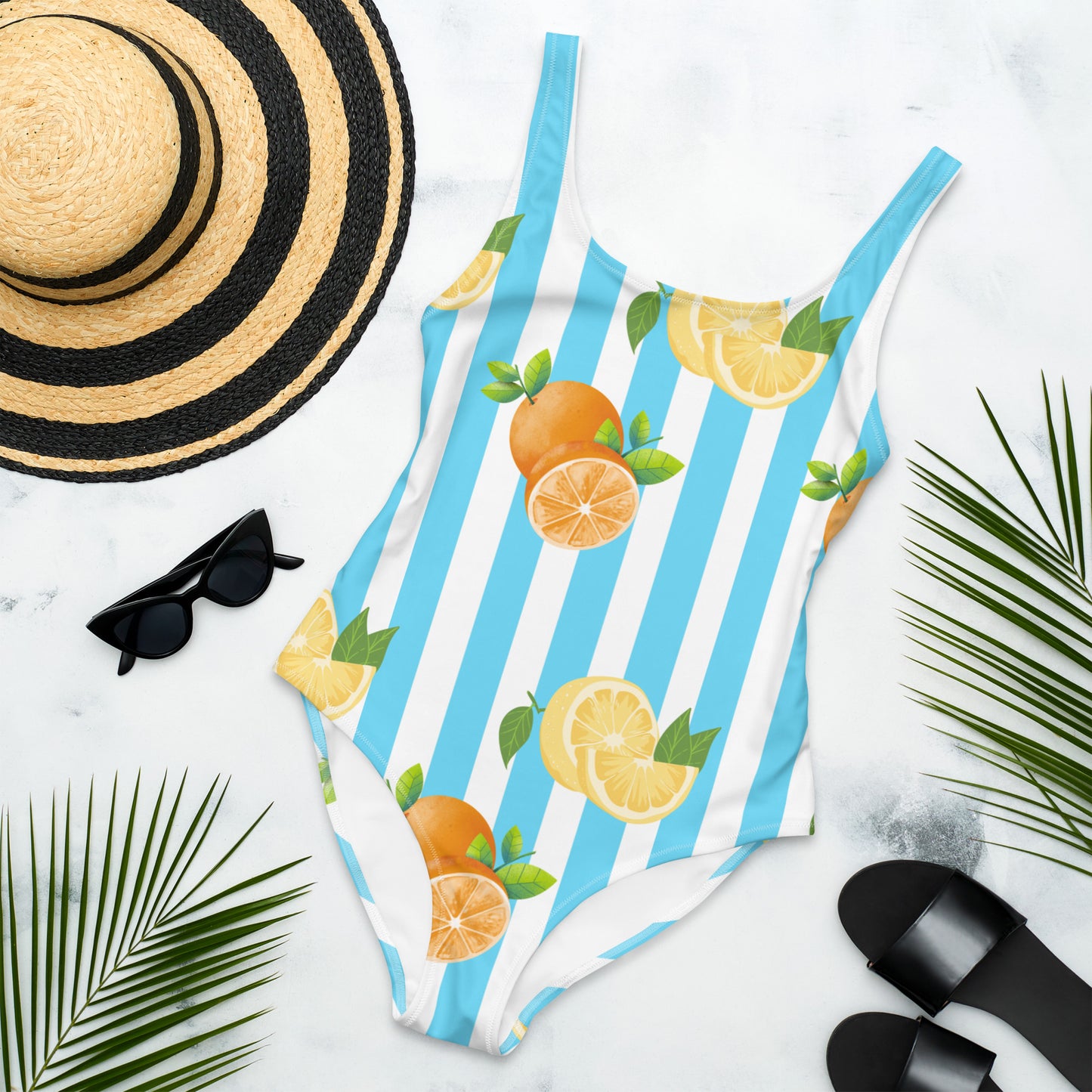 One-Piece Swimsuit- Blue Stripes with Fruits