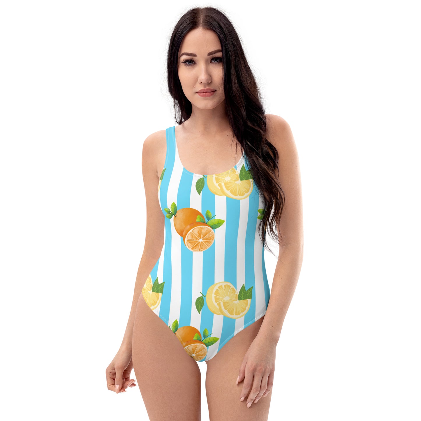 One-Piece Swimsuit- Blue Stripes with Fruits