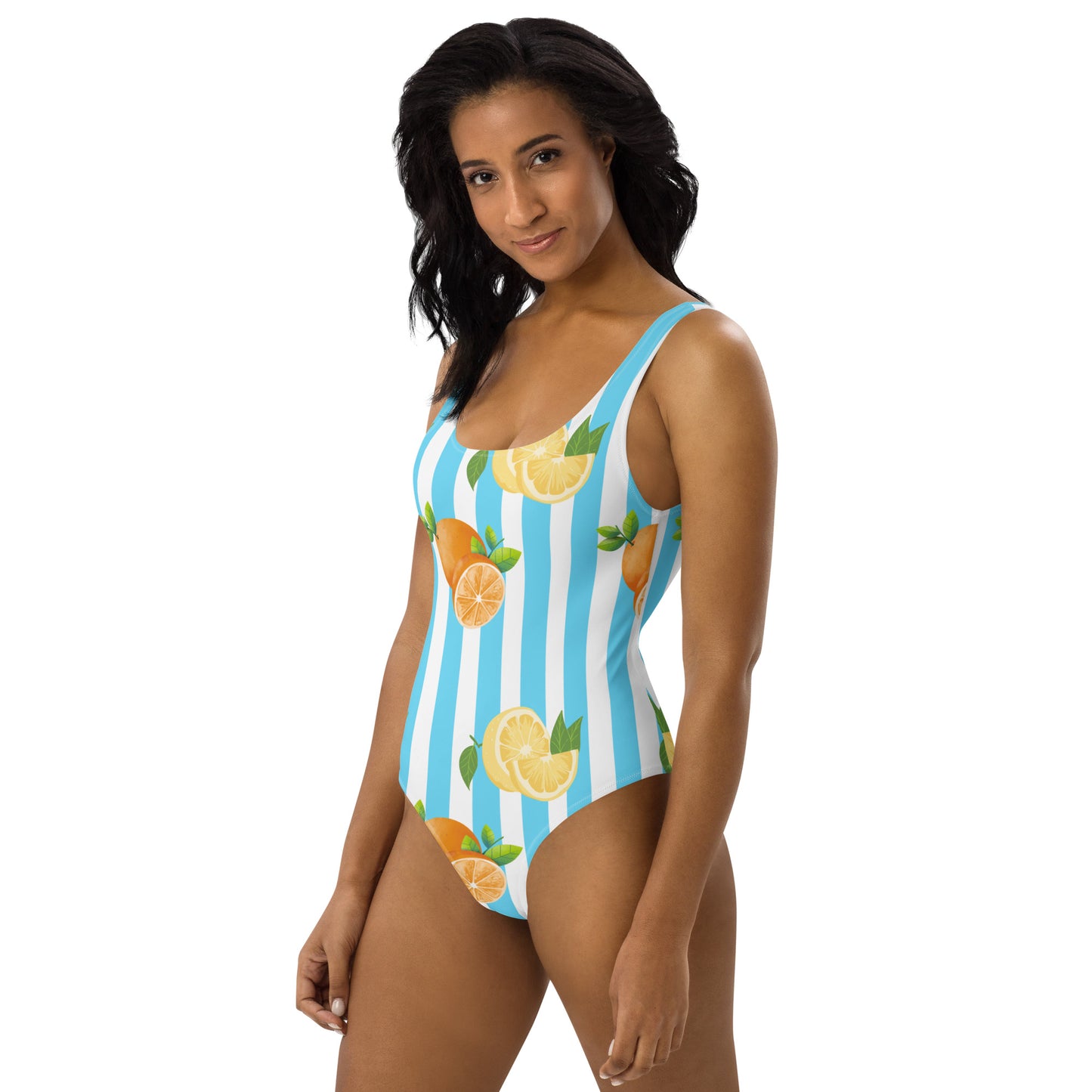 One-Piece Swimsuit- Blue Stripes with Fruits