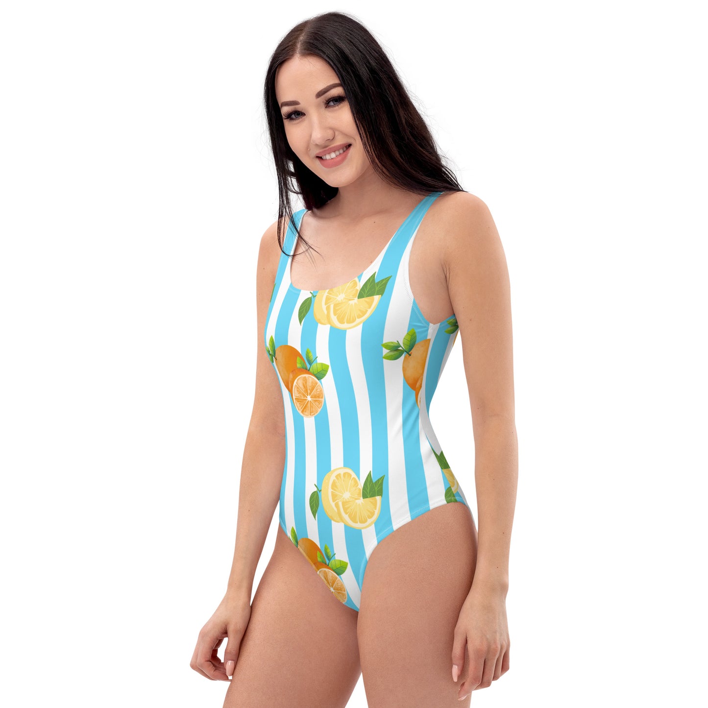 One-Piece Swimsuit- Blue Stripes with Fruits