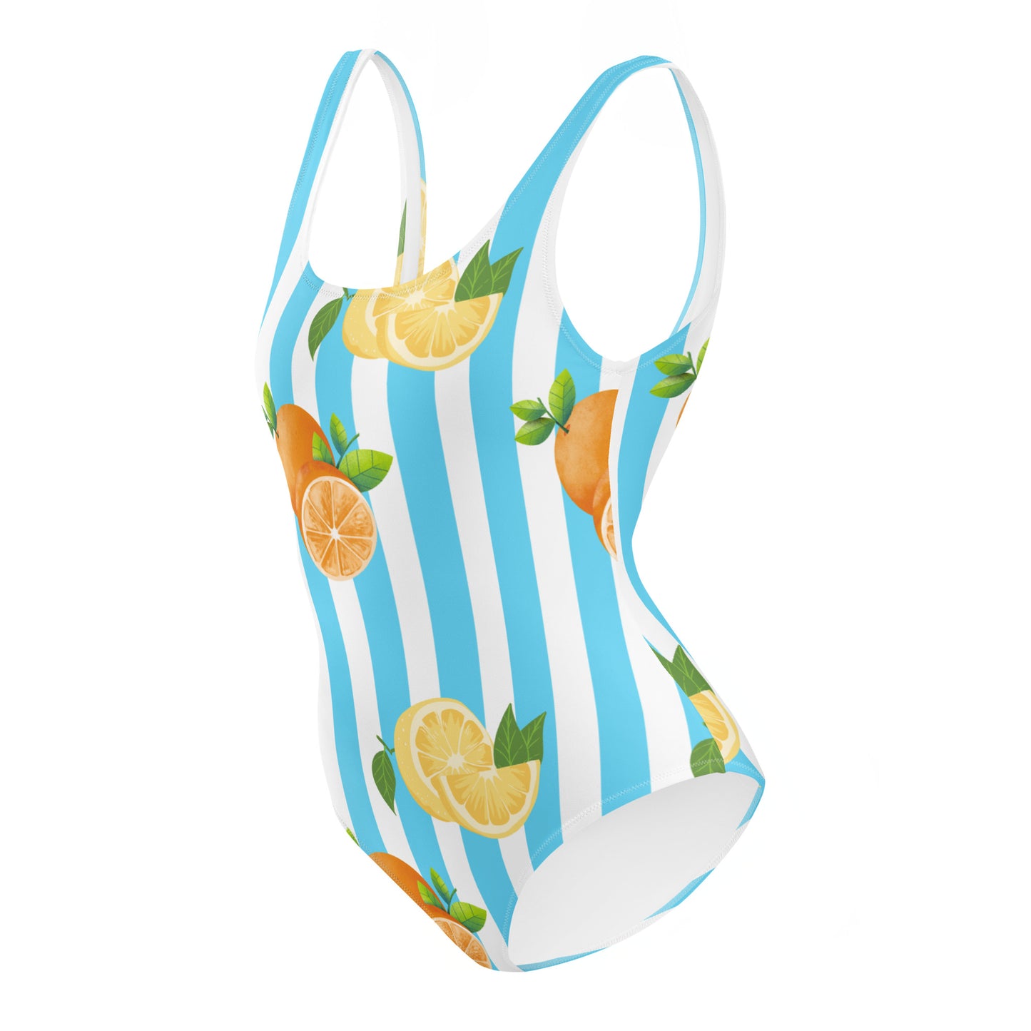 One-Piece Swimsuit- Blue Stripes with Fruits