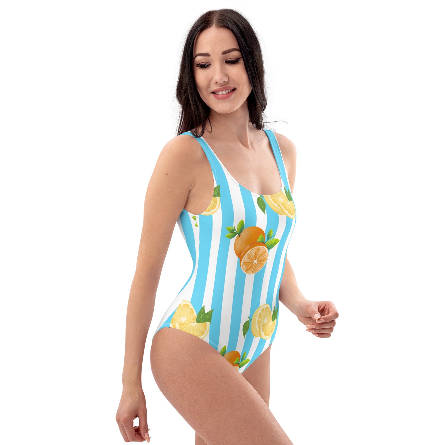 One-Piece Swimsuit- Blue Stripes with Fruits