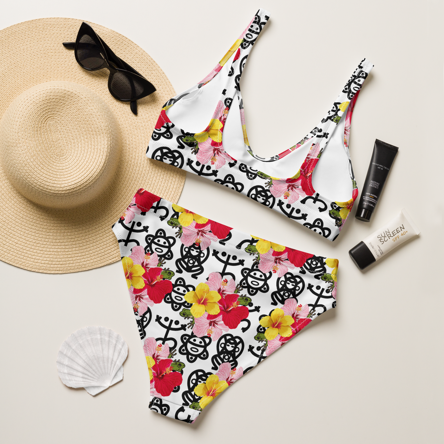 Recycled high-waisted bikini- Coqui and Hibiscus Flower w Taino Petroglyphs