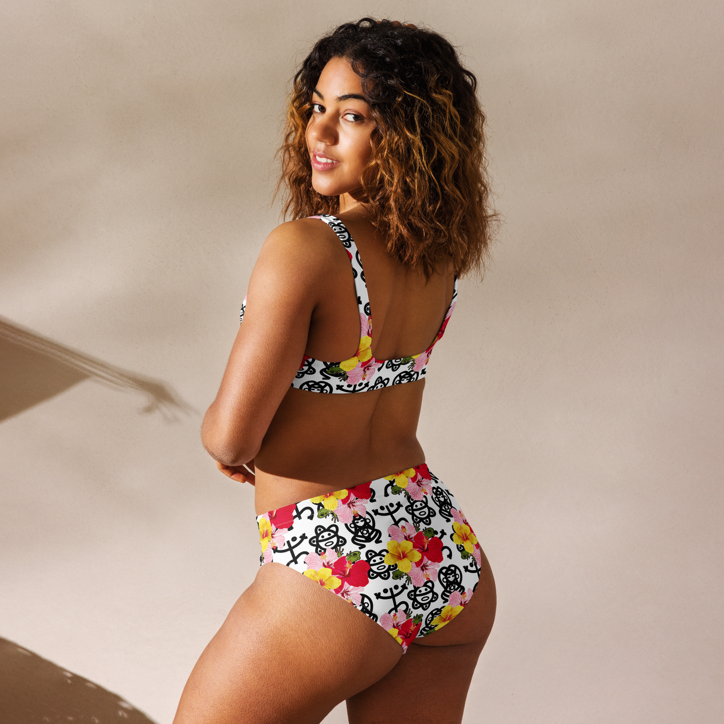 Recycled high-waisted bikini- Coqui and Hibiscus Flower w Taino Petroglyphs