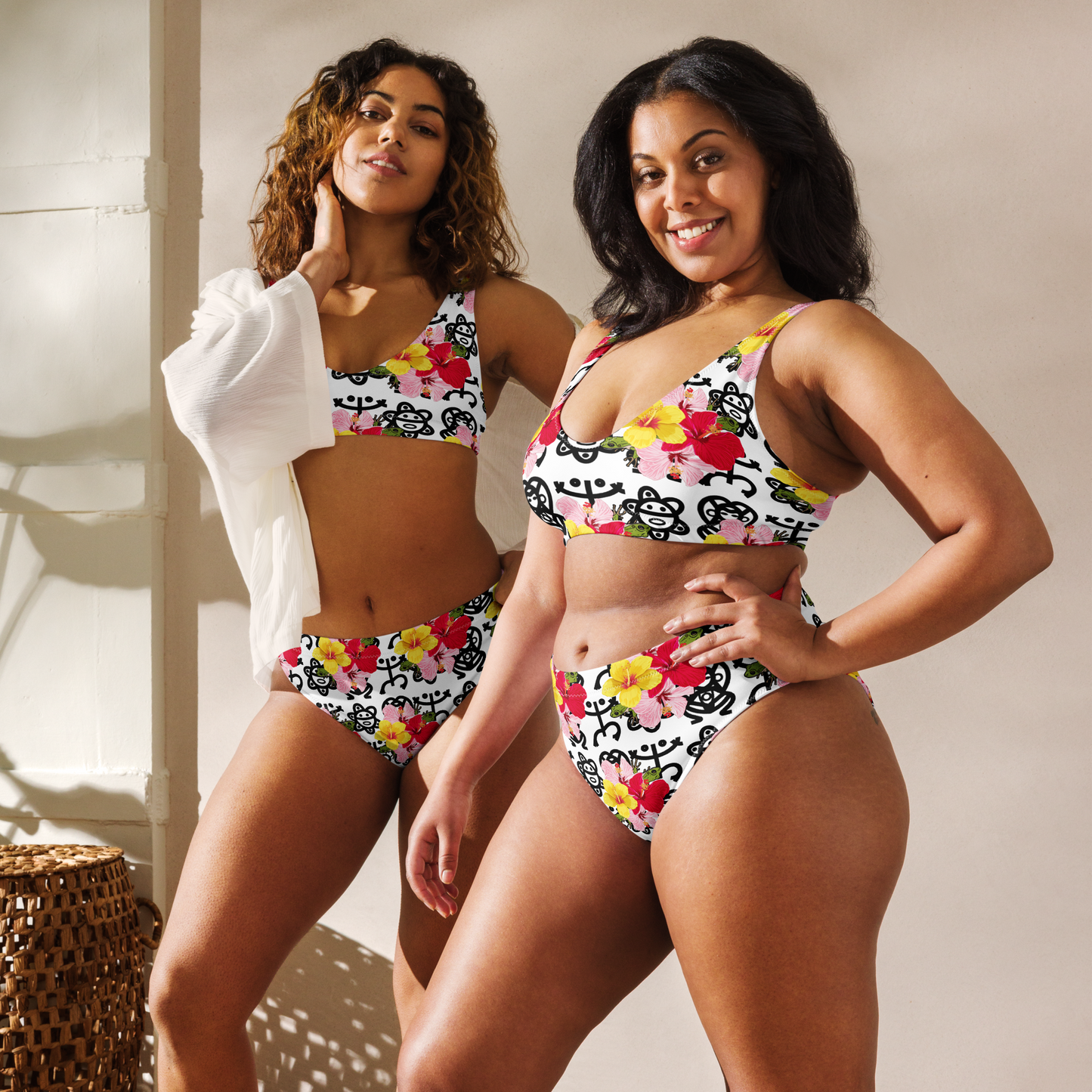 Recycled high-waisted bikini- Coqui and Hibiscus Flower w Taino Petroglyphs