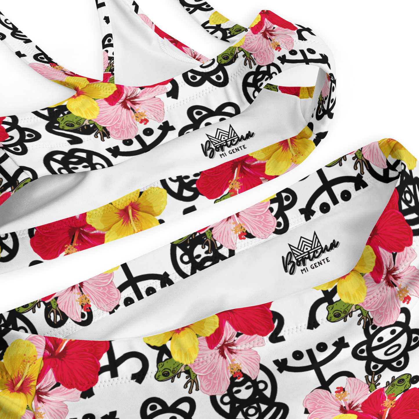 Recycled high-waisted bikini- Coqui and Hibiscus Flower w Taino Petroglyphs