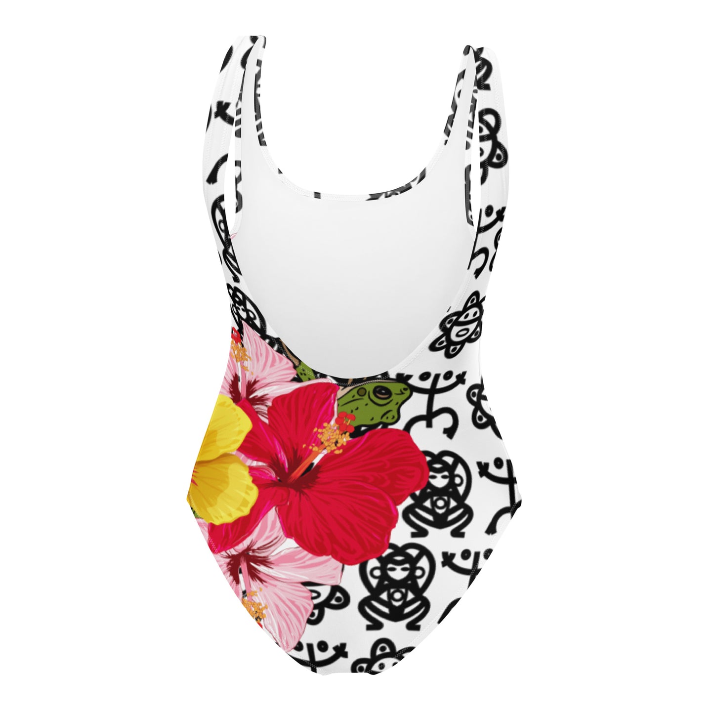 One-Piece Swimsuit- Coqui and Hibiscus Flower w Taino Petroglyphs