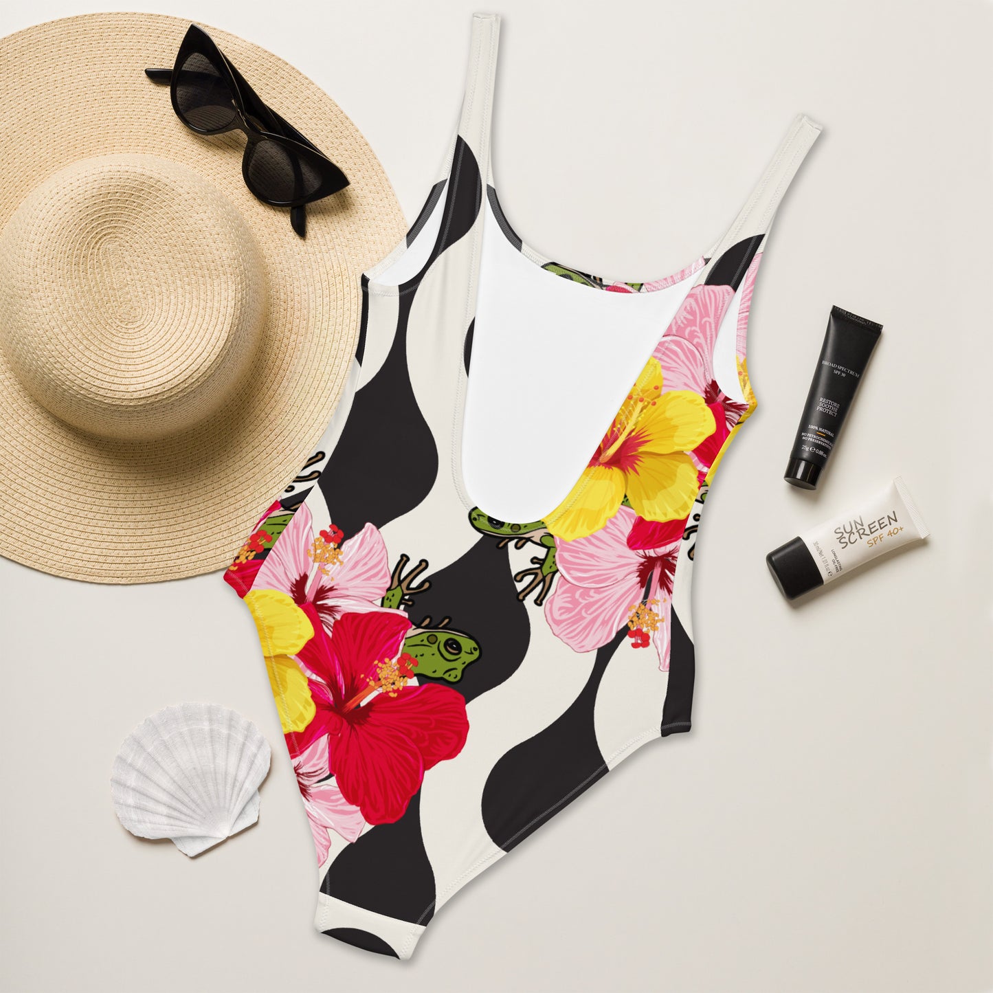 One-Piece Swimsuit- Coqui Hibiscus PR B&W