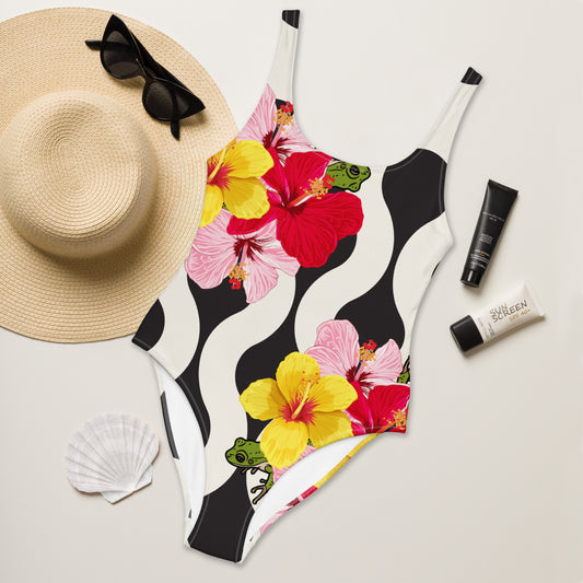 One-Piece Swimsuit- Coqui Hibiscus PR B&W
