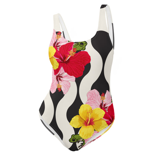 One-Piece Swimsuit- Coqui Hibiscus PR B&W