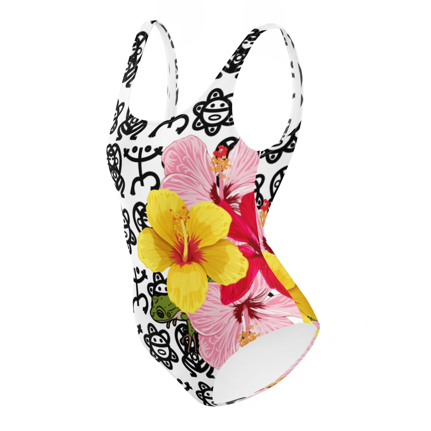 One-Piece Swimsuit- Coqui and Hibiscus Flower w Taino Petroglyphs