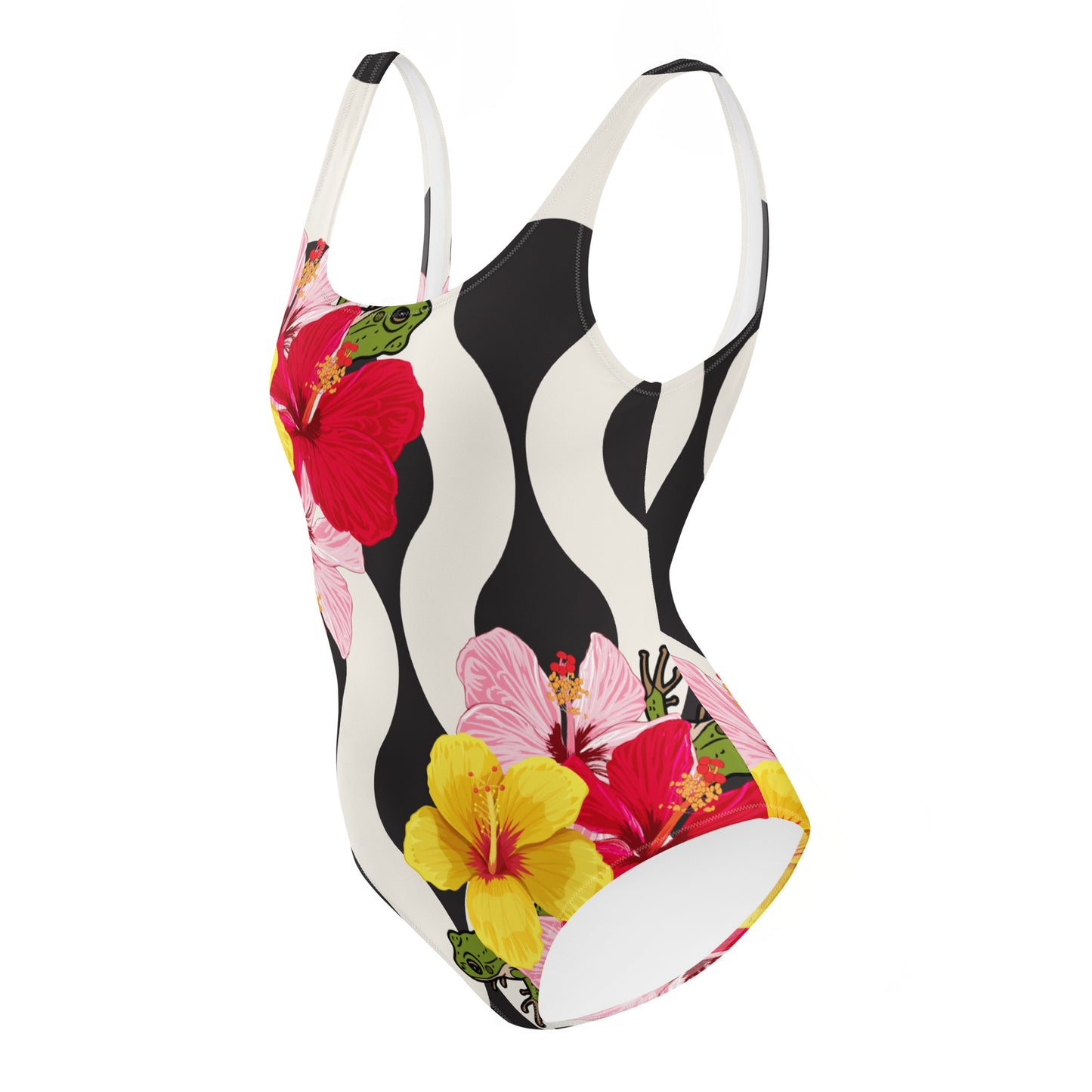 One-Piece Swimsuit- Coqui Hibiscus PR B&W