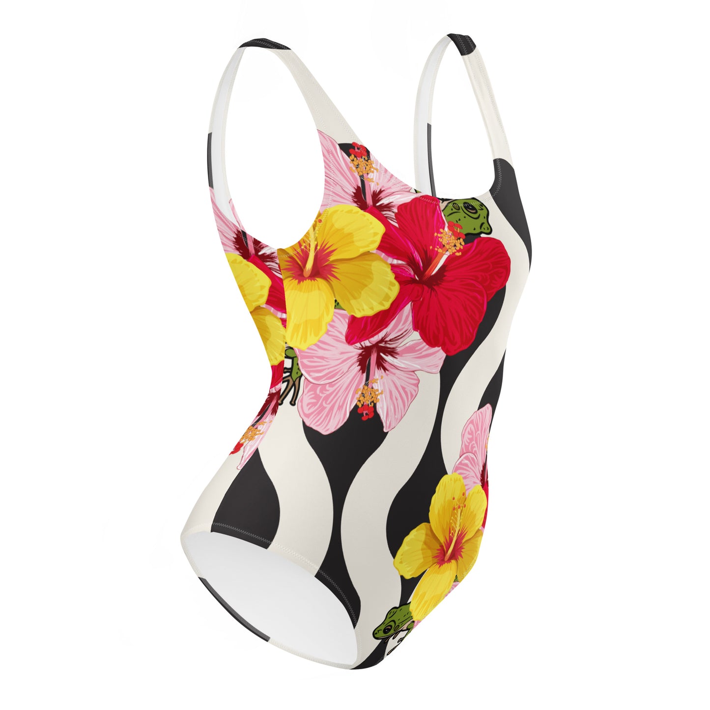 One-Piece Swimsuit- Coqui Hibiscus PR B&W