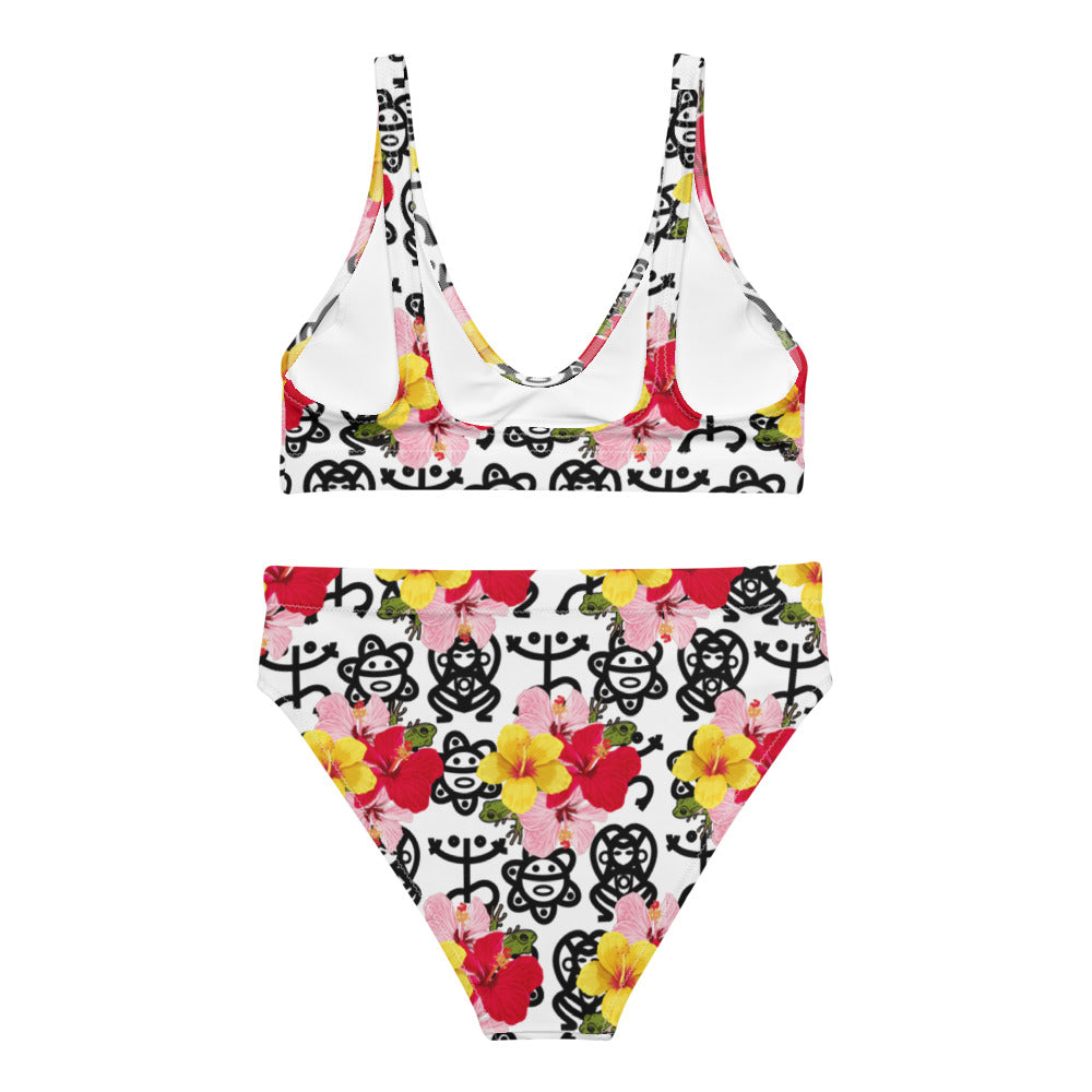 Recycled high-waisted bikini- Coqui and Hibiscus Flower w Taino Petroglyphs