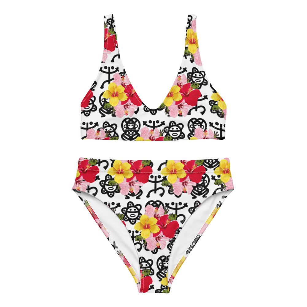 Recycled high-waisted bikini- Coqui and Hibiscus Flower w Taino Petroglyphs