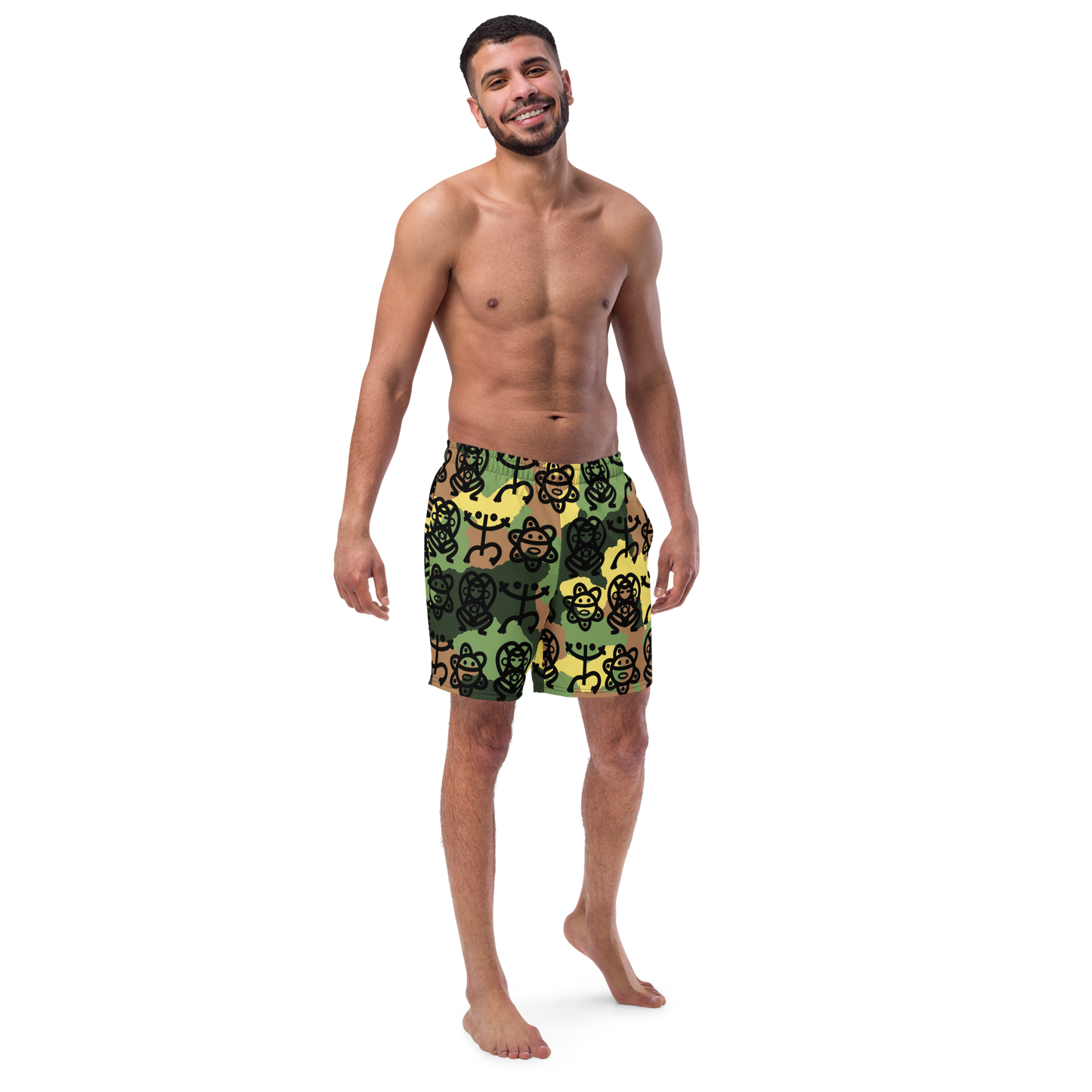 Men's swim trunks- Army Fatigue w. Taino Petroglyphs