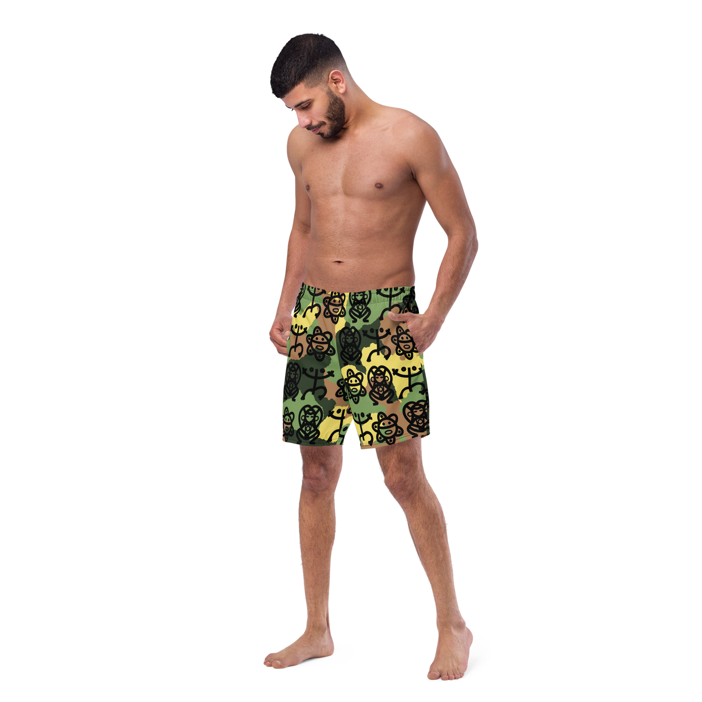 Men's swim trunks- Army Fatigue w. Taino Petroglyphs
