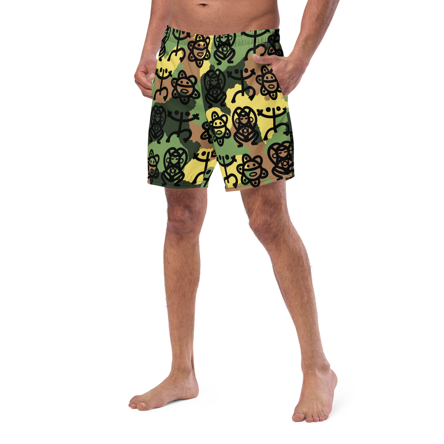 Men's swim trunks- Army Fatigue w. Taino Petroglyphs