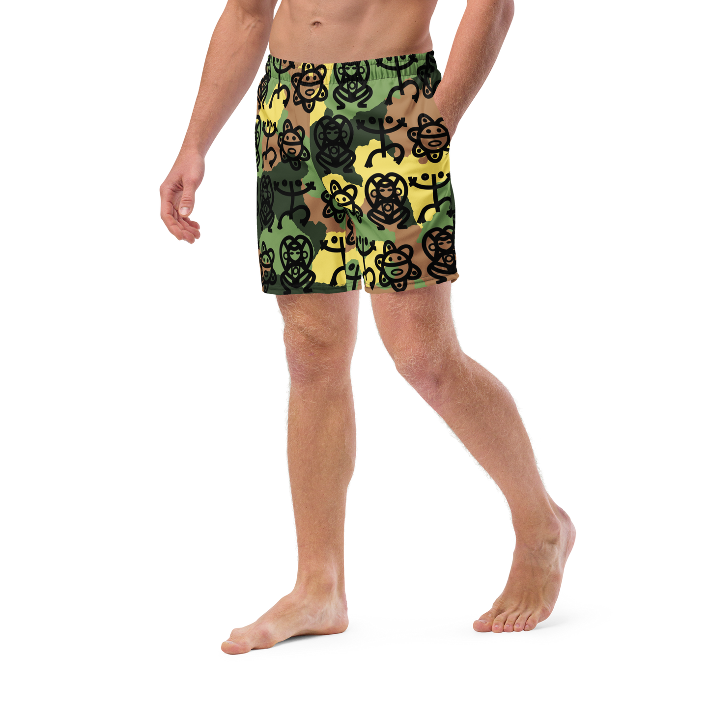 Men's swim trunks- Army Fatigue w. Taino Petroglyphs