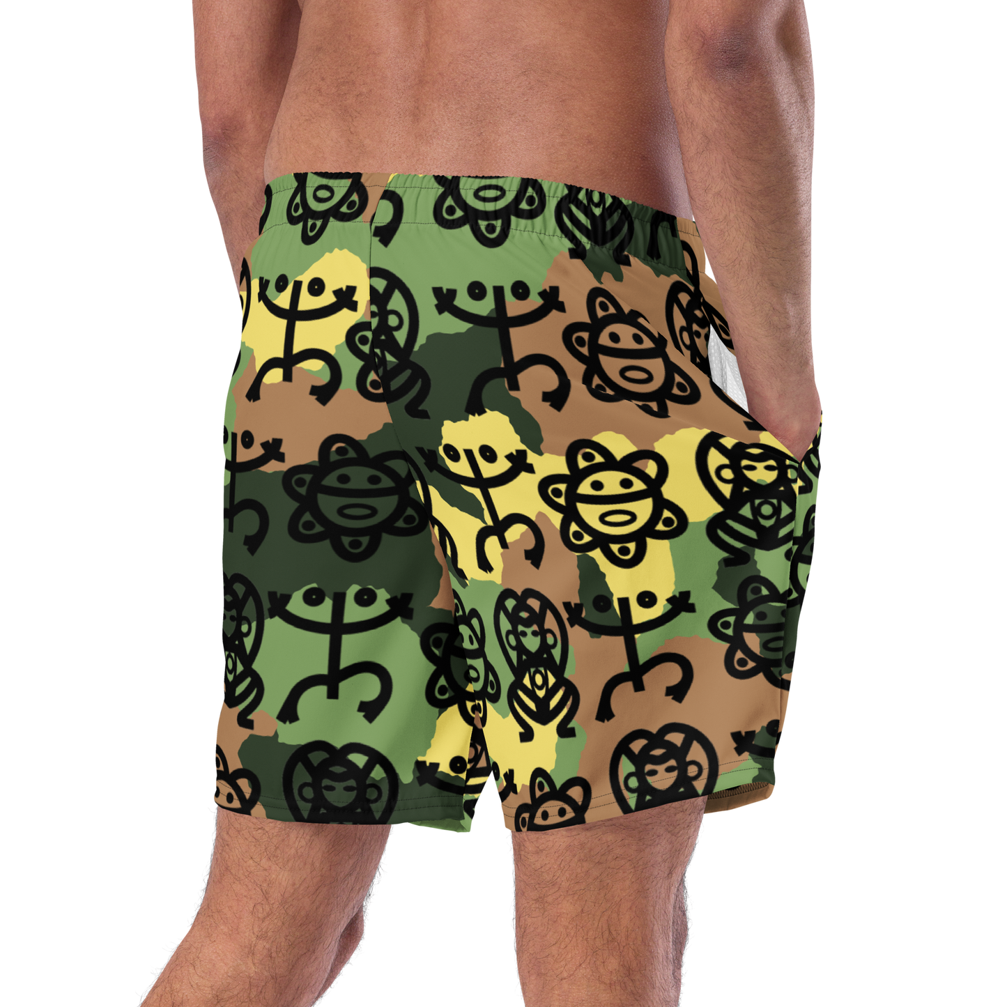 Men's swim trunks- Army Fatigue w. Taino Petroglyphs