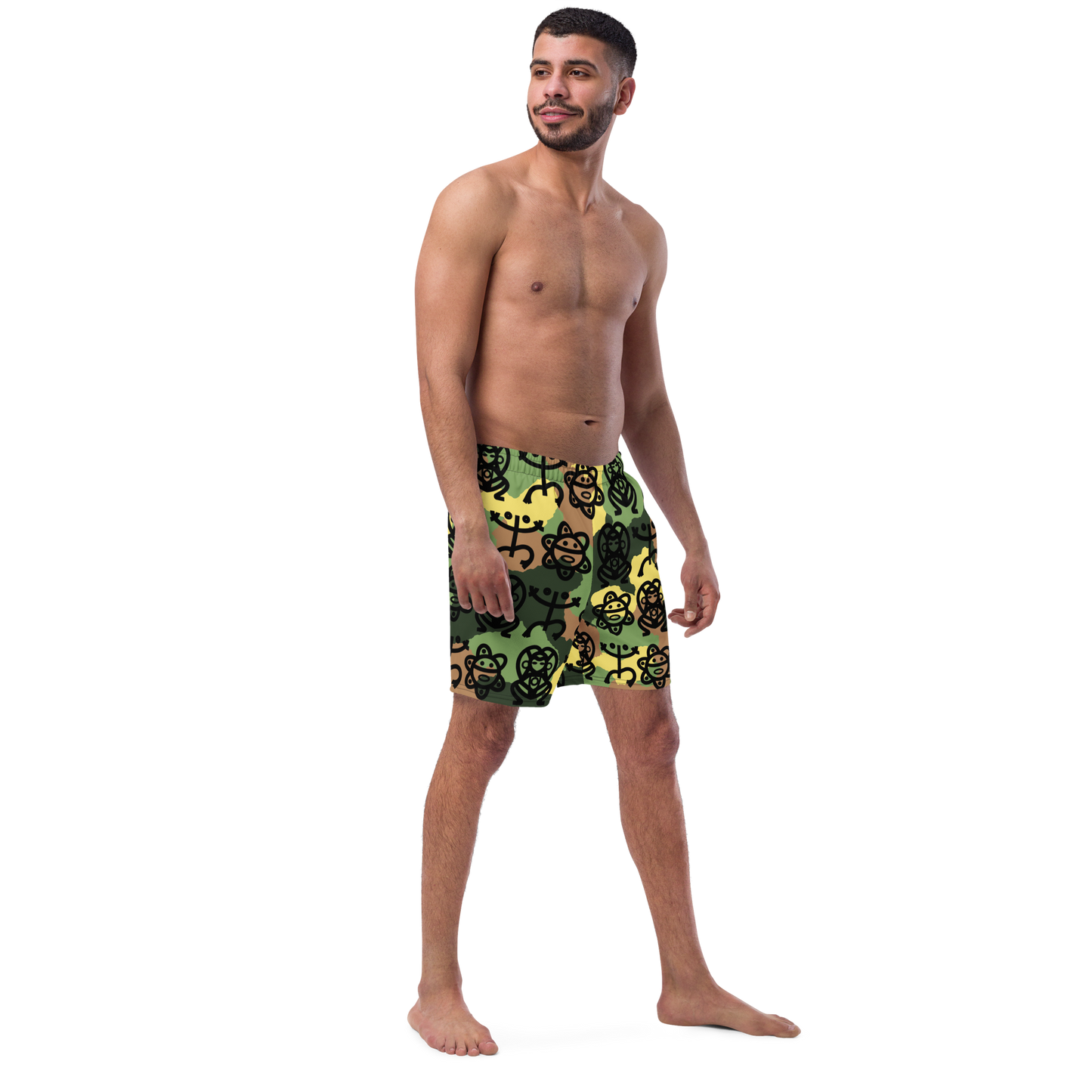 Men's swim trunks- Army Fatigue w. Taino Petroglyphs