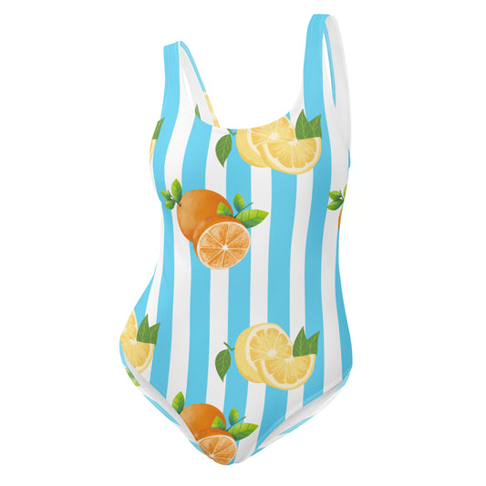 One-Piece Swimsuit- Blue Stripes with Fruits