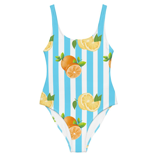 One-Piece Swimsuit- Blue Stripes with Fruits