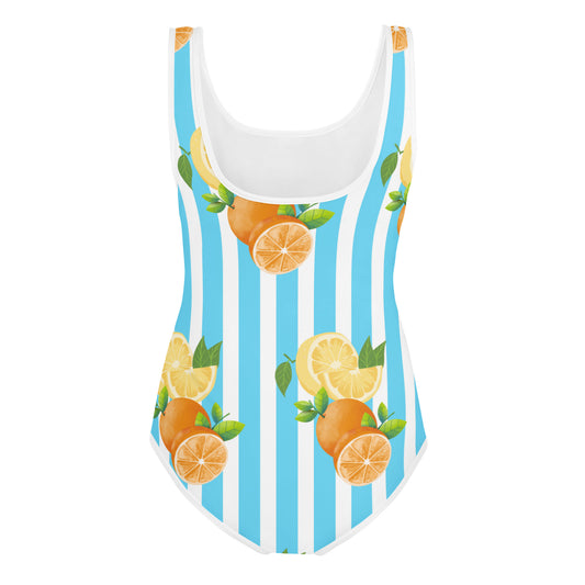 All-Over Print Youth Swimsuit- Blue Stripes Fruits