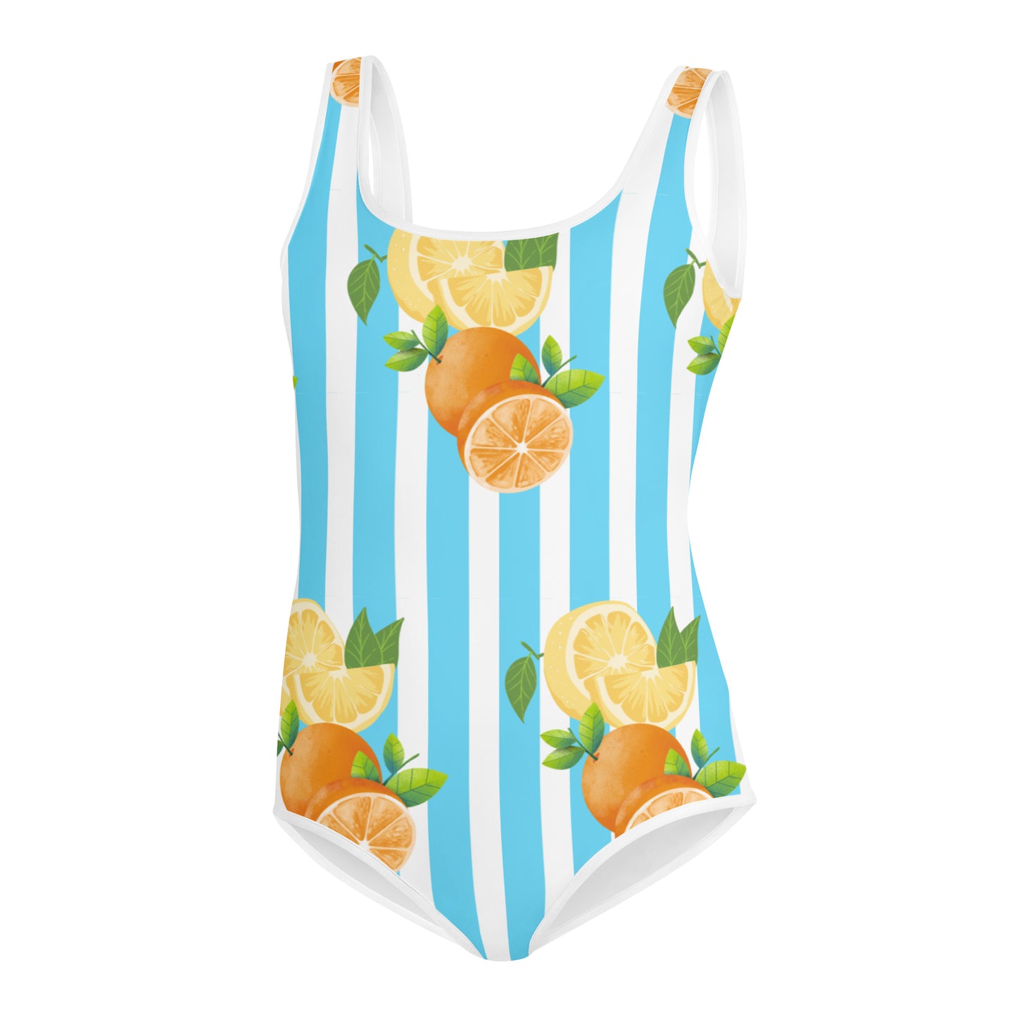 All-Over Print Youth Swimsuit- Blue Stripes Fruits