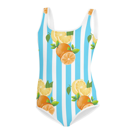 All-Over Print Youth Swimsuit- Blue Stripes Fruits