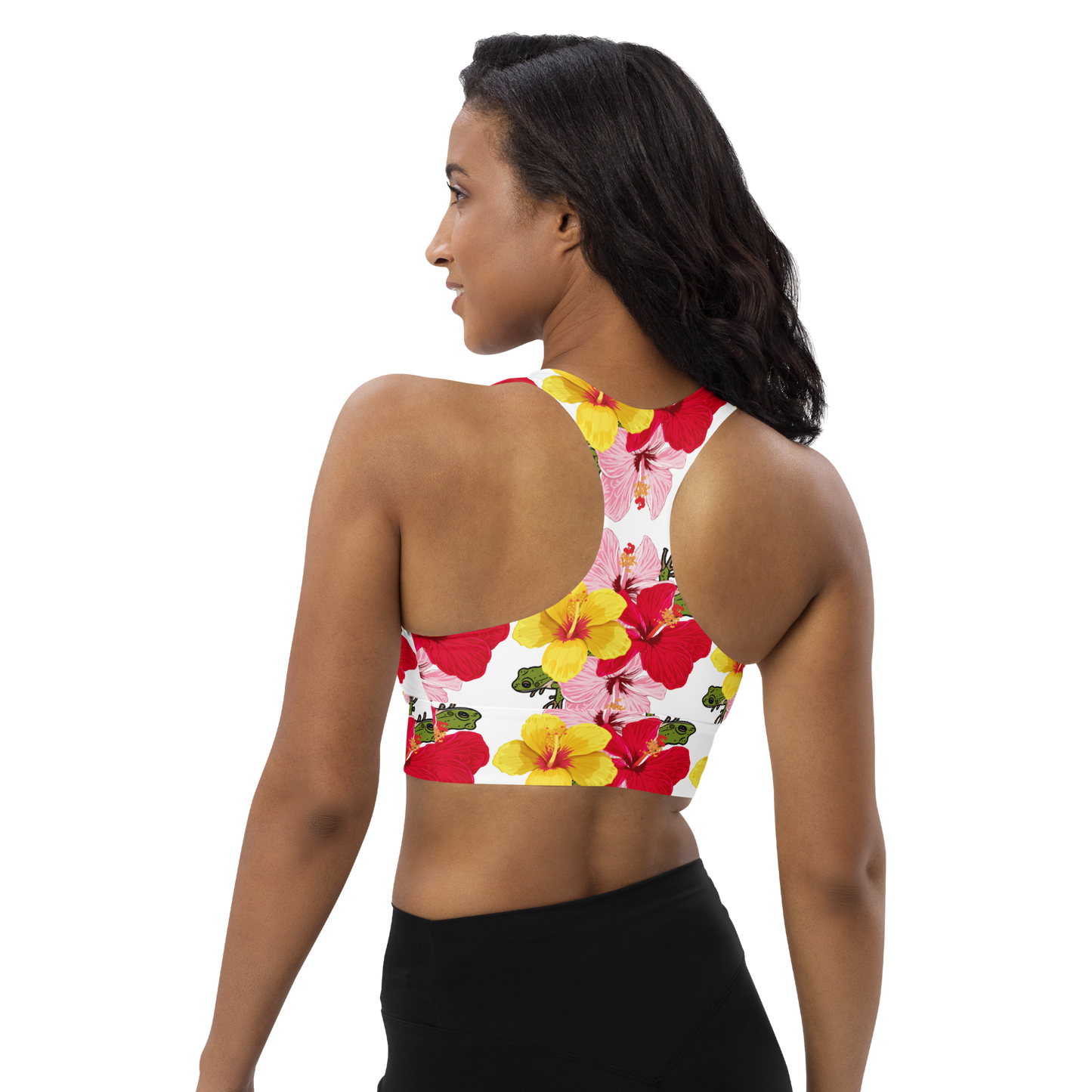 Longline sports bra- Coqui and Hibiscus Flowers