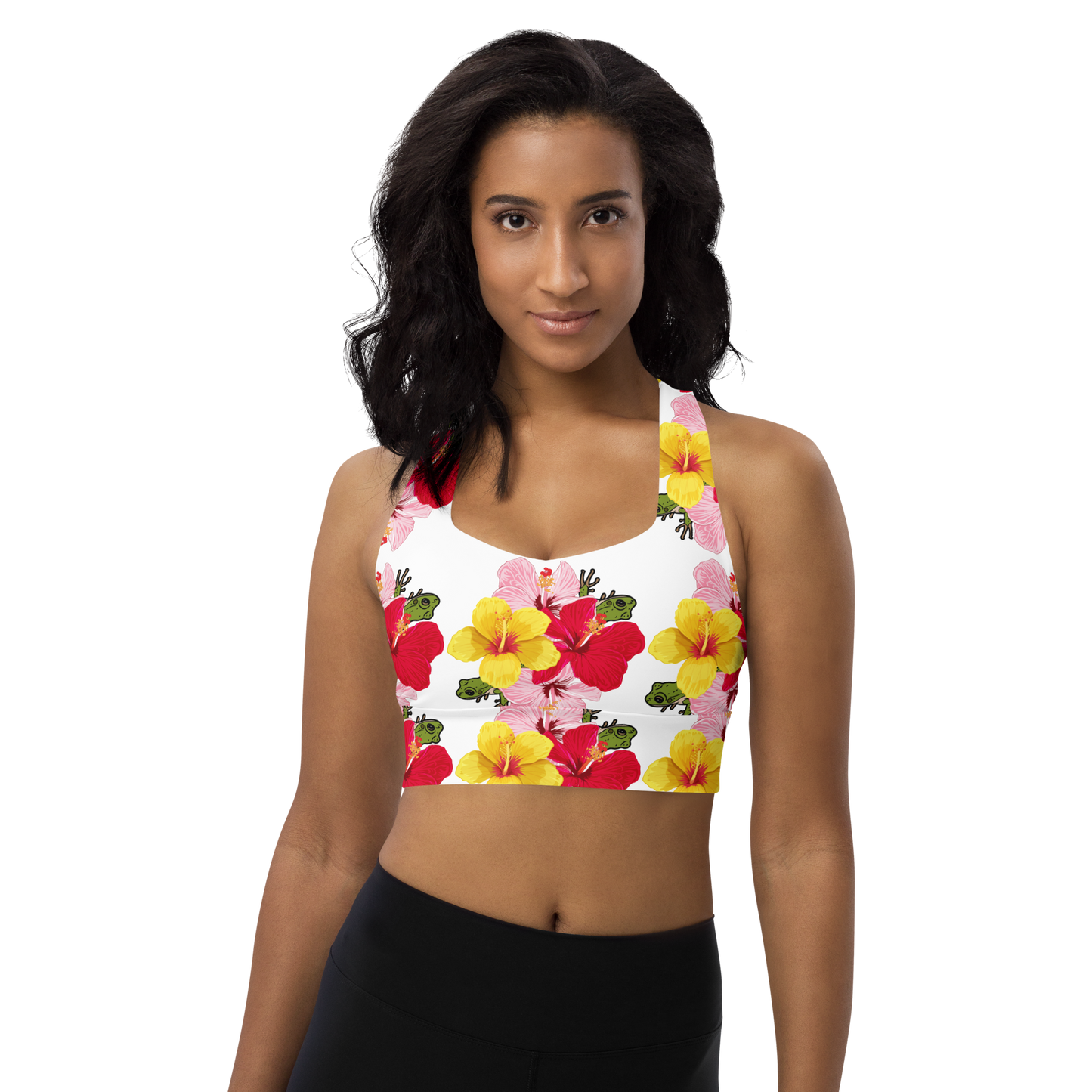 Longline sports bra- Coqui and Hibiscus Flowers