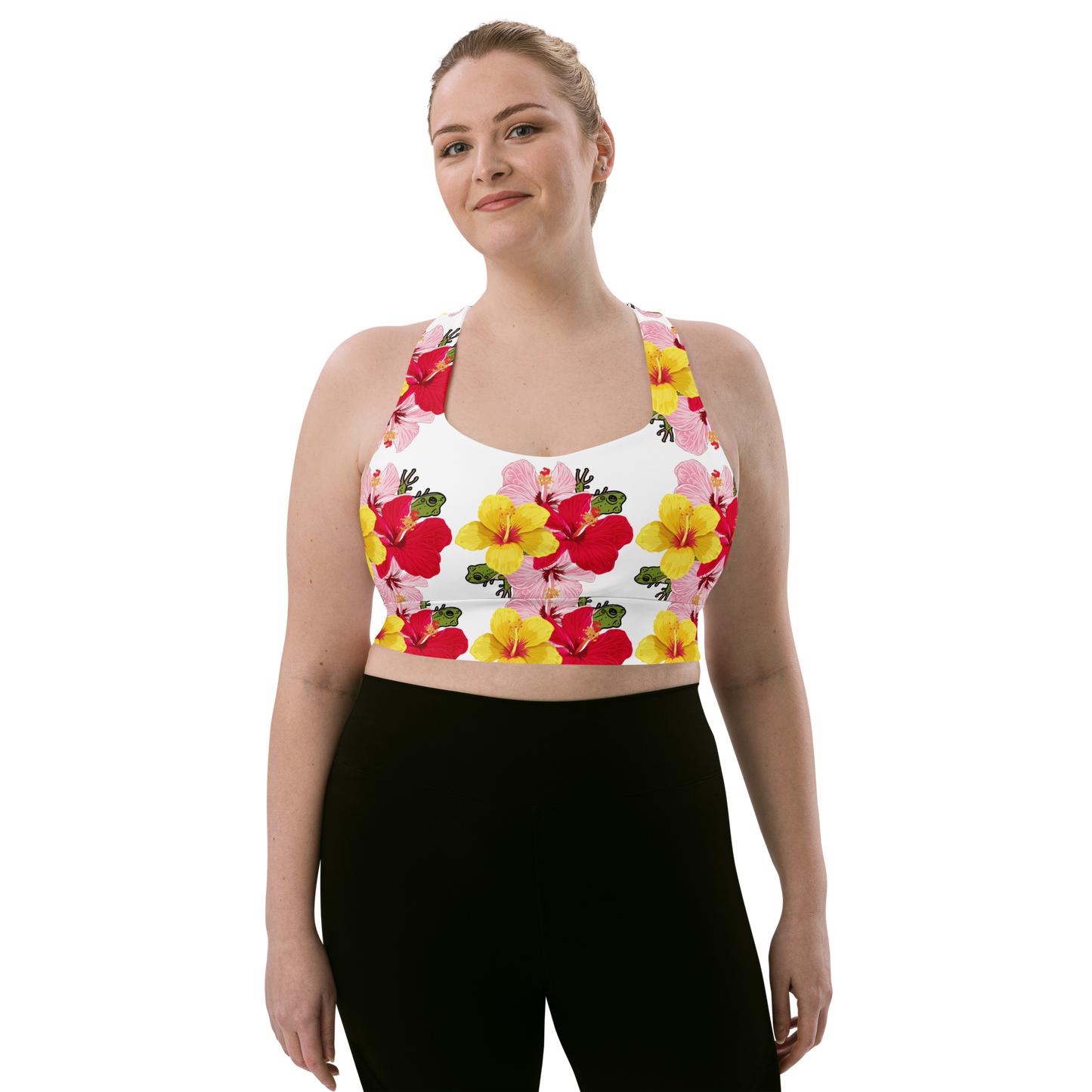 Longline sports bra- Coqui and Hibiscus Flowers