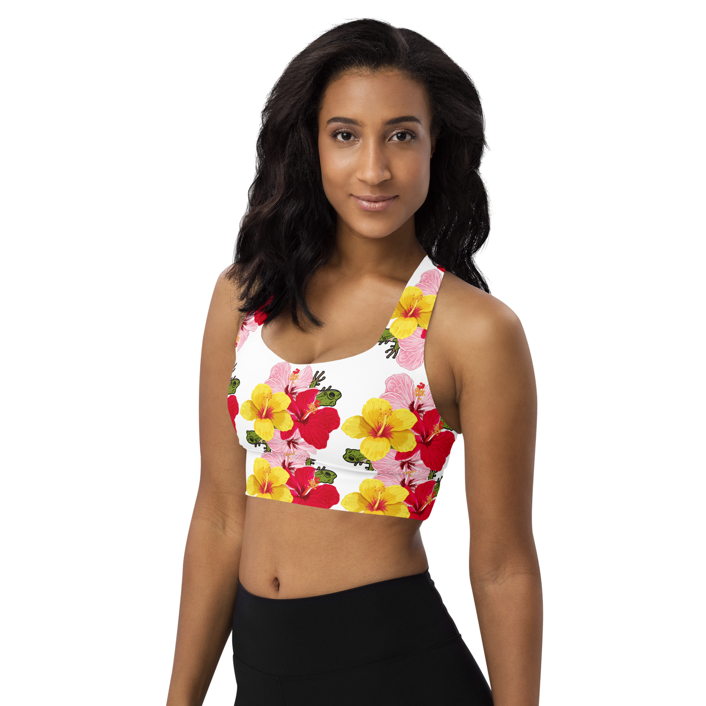 Longline sports bra- Coqui and Hibiscus Flowers