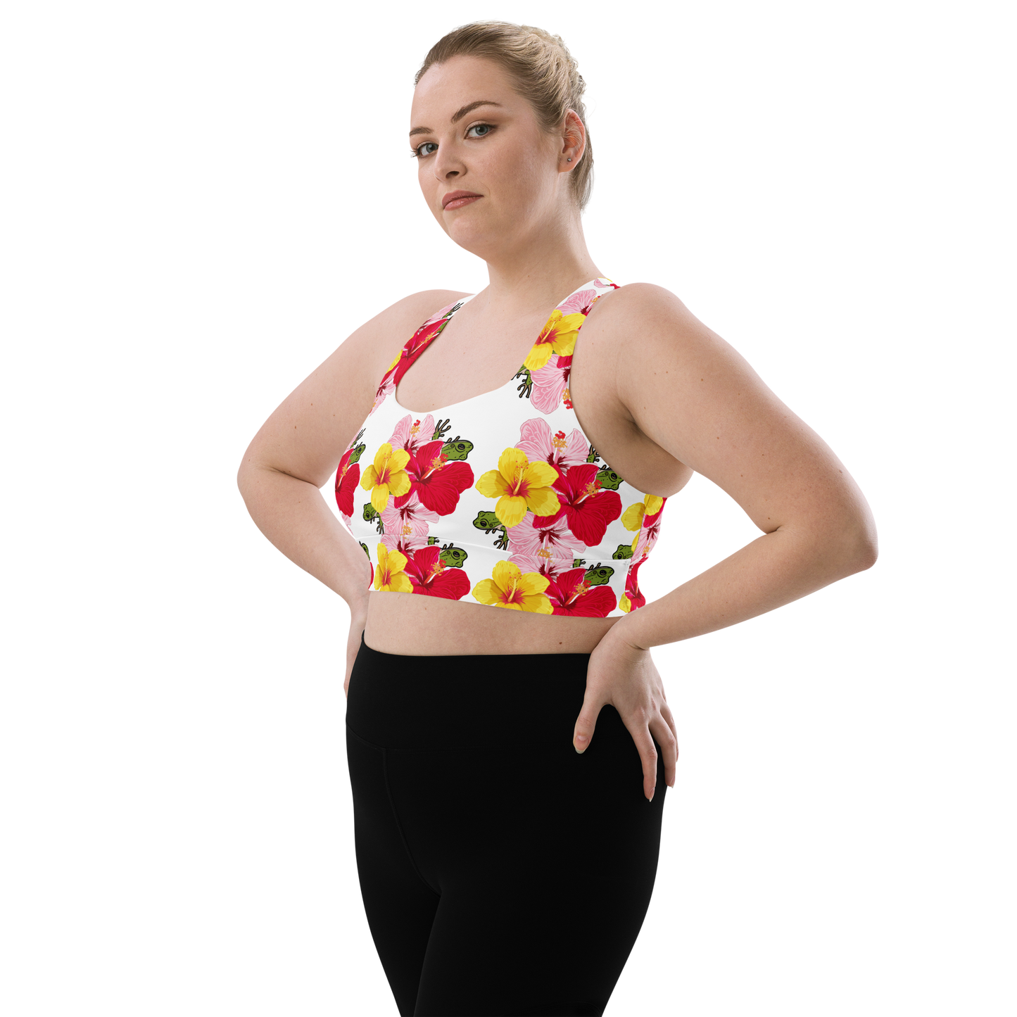 Longline sports bra- Coqui and Hibiscus Flowers