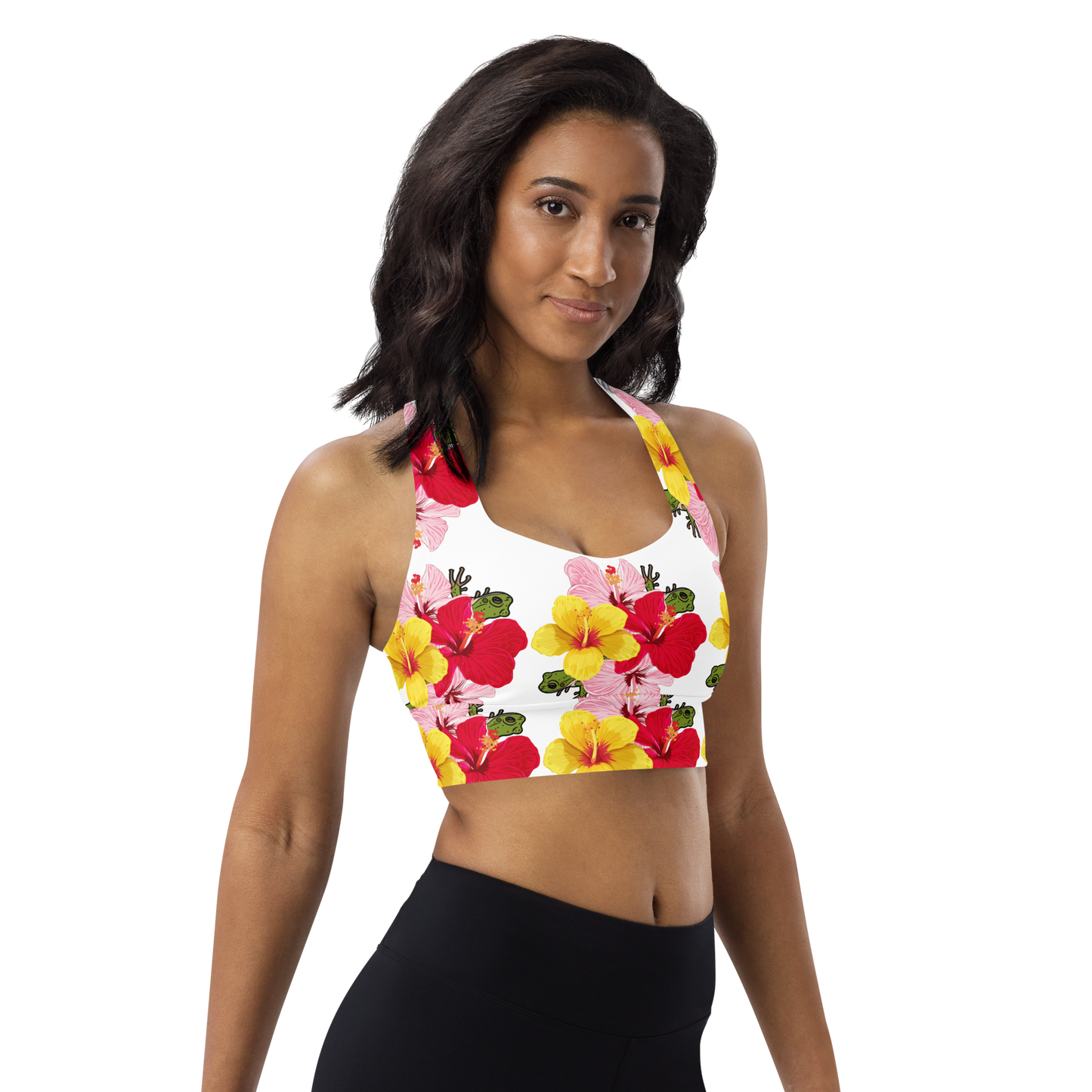 Longline sports bra- Coqui and Hibiscus Flowers