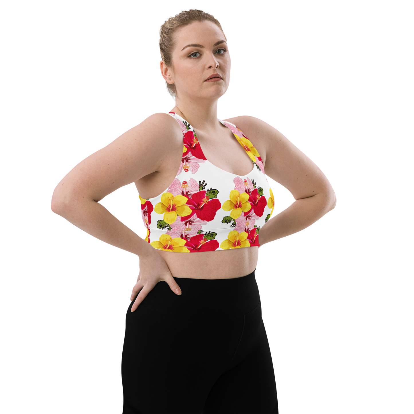 Longline sports bra- Coqui and Hibiscus Flowers