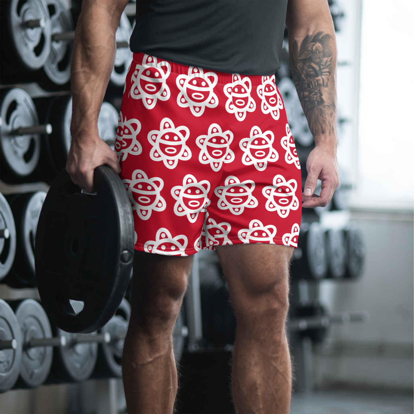 Men's Athletic Long Shorts- Taino Sol Red