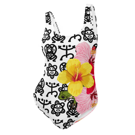 One-Piece Swimsuit- Coqui and Hibiscus Flower w Taino Petroglyphs