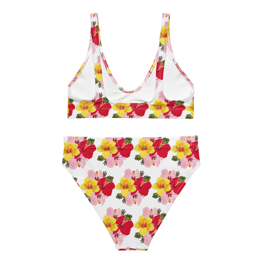 Recycled high-waisted bikini- Coqui and Hibiscus Flowers