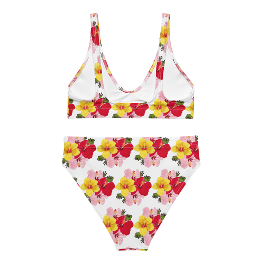 Recycled high-waisted bikini- Coqui and Hibiscus Flowers