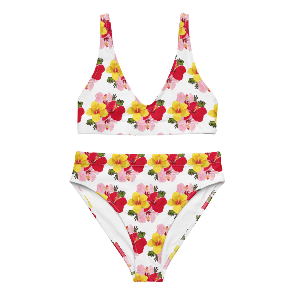 Recycled high-waisted bikini- Coqui and Hibiscus Flowers