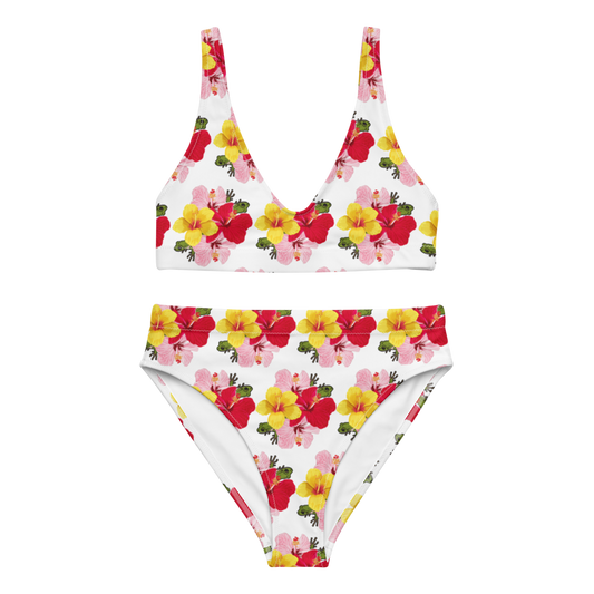 Recycled high-waisted bikini- Coqui and Hibiscus Flowers