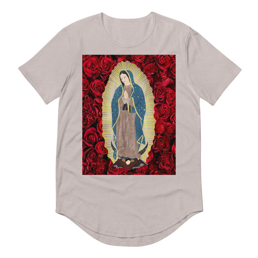 Men's Curved Hem T-Shirt- Our Lady of Guadalupe Virgin Mary Roses