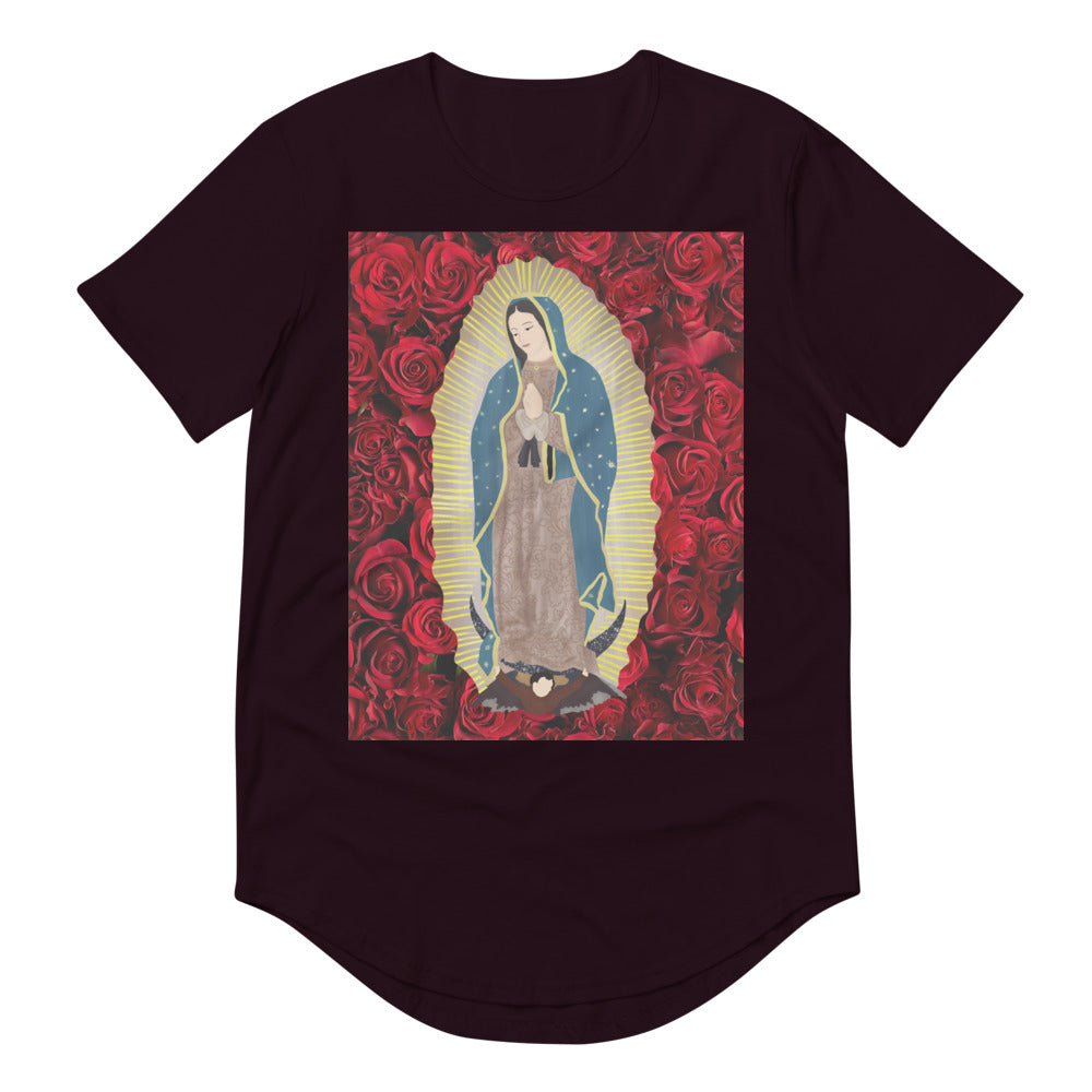 Men's Curved Hem T-Shirt- Our Lady of Guadalupe Virgin Mary Roses