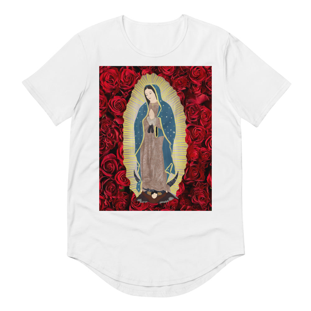 Men's Curved Hem T-Shirt- Our Lady of Guadalupe Virgin Mary Roses